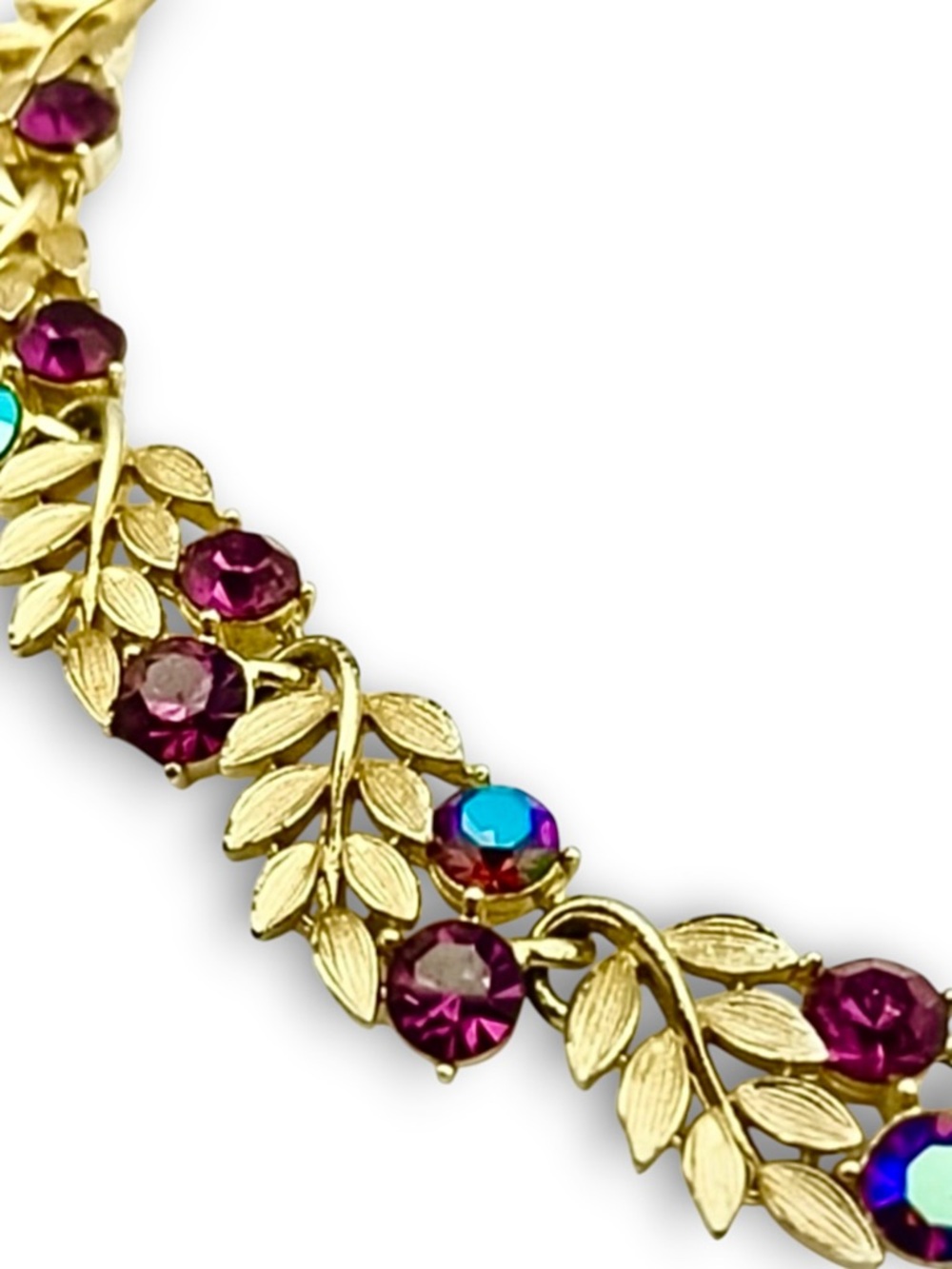 Vintage 1960s Lisner Gold Leaf AB Rhinestone Necklace Floral Bridal Prom